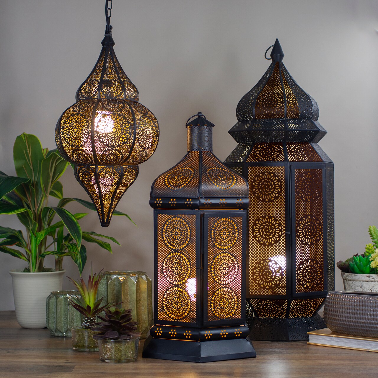 Northlight 18" Black and Gold Moroccan Style Hanging Lantern Ceiling Light Fixture